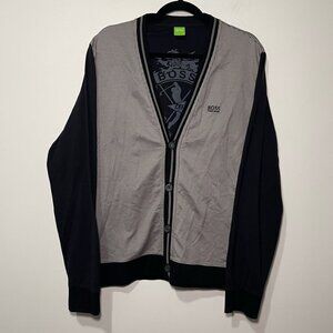 BOSS Hugo Boss Men’s XL Black Gray Check fine Knit Cardigan Sweater 100% Cotton
